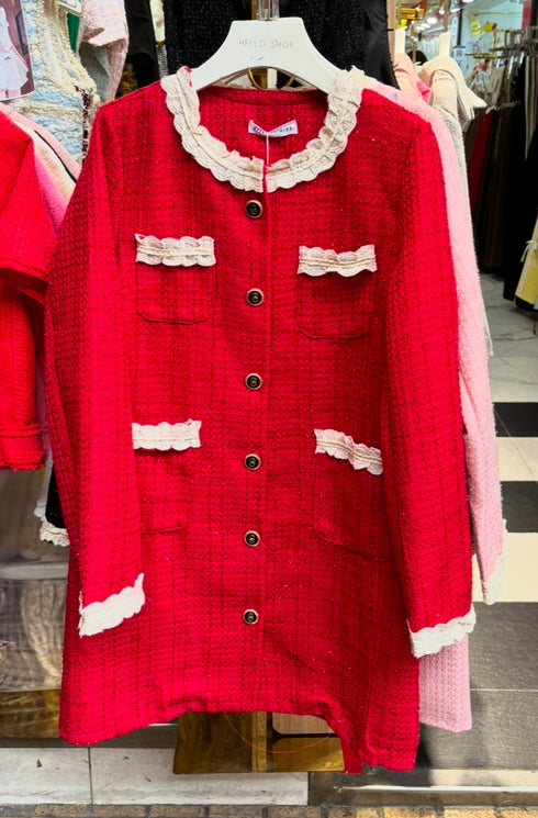 Ladies Elegant Lacey Neck Border Tweed Dresses
